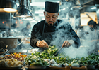 A chef cooking vegetables in a wok