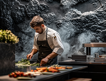A chef preparing food in a kitchen