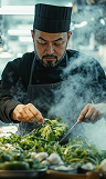 A chef cooking vegetables in a wok