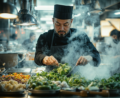 A chef cooking vegetables in a wok