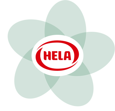 HELA logo surrounded by sustainability icons on green leaf shapes