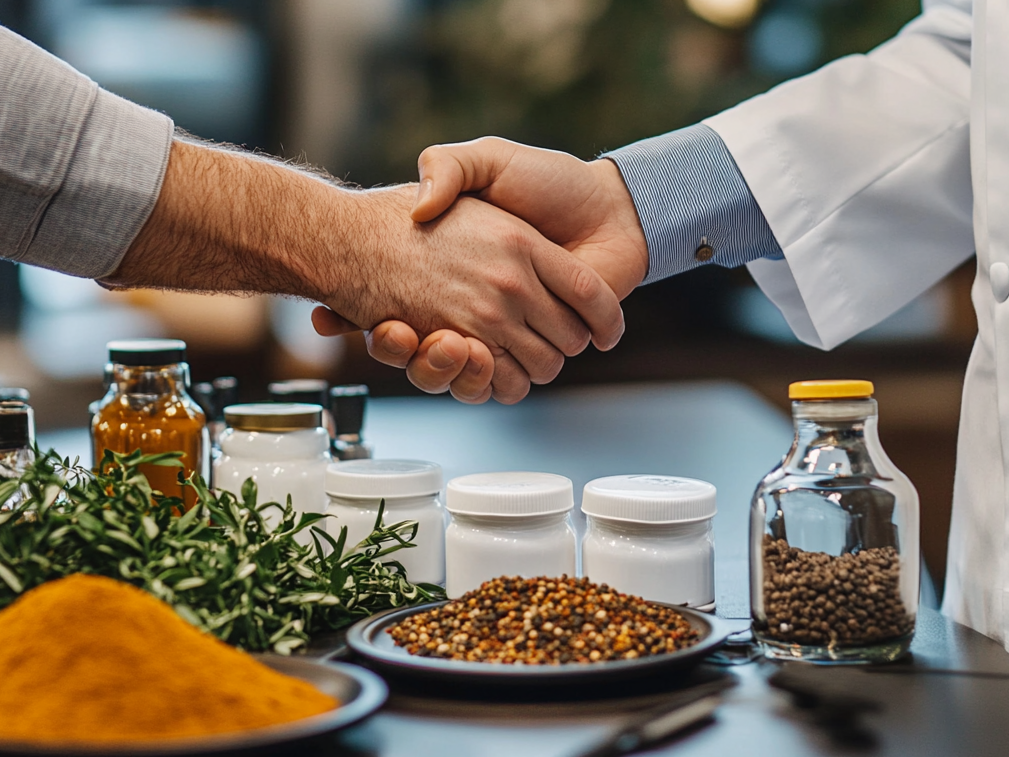 Handshake over a table with spices and herbs in jars