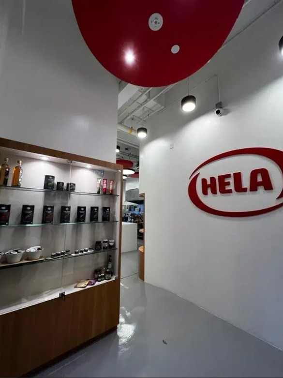 HELA office interior with the HELA logo and product shelves